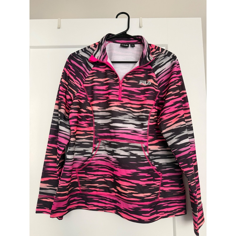 Fila Sport Womens Quarter Zip Pullover Pink Black Abstract Stripe Size L